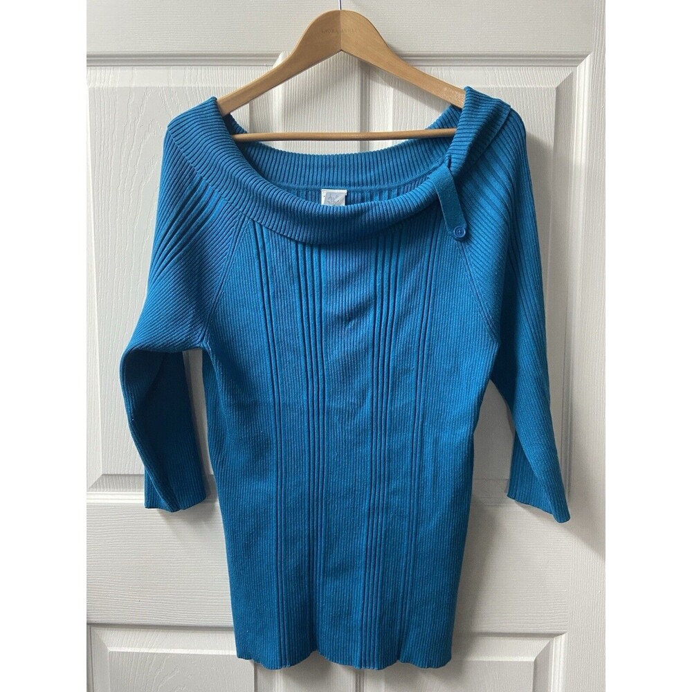 Just My Size Sweater Womens Plus 2x Ribbed Teal Blue Cowl Neck 3/4 Sleeve Career
